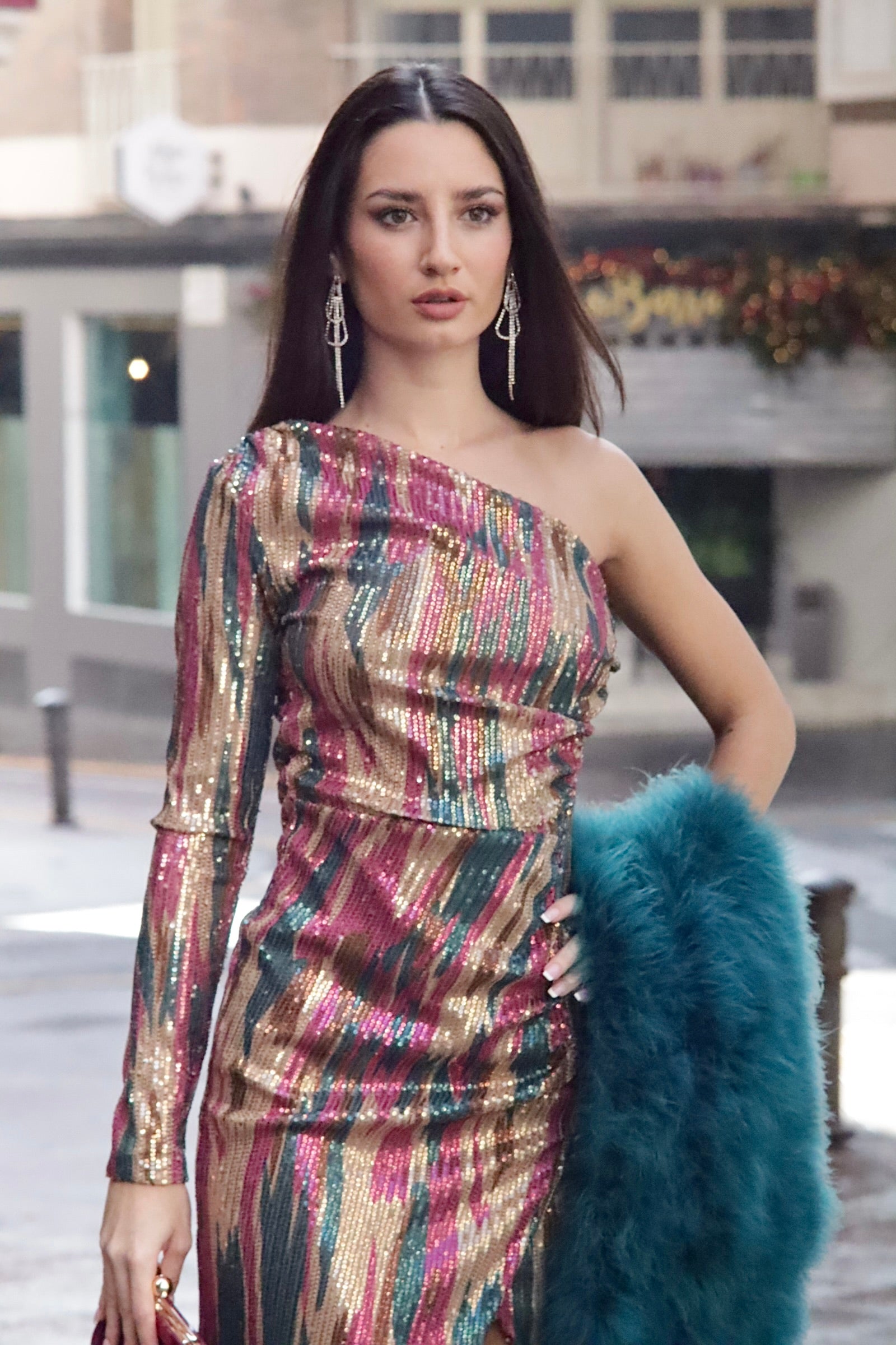 VESTIDO LARGO COMBINADO COLORES LENTEJUELAS